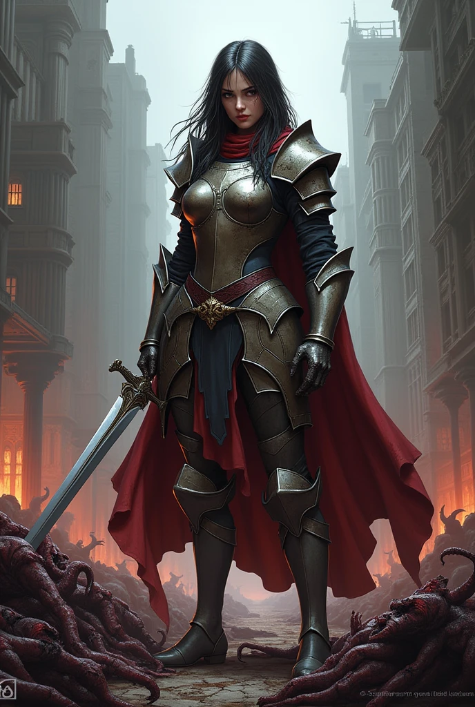 The templar girl from Hellgate: London, with her armor torn apart and her sword broken as she is standing over a pile of dead demons with a live one sneaking behind