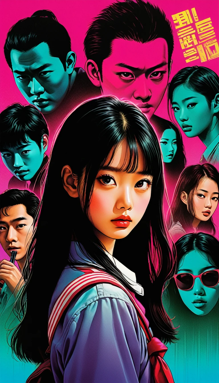 An illustration、art、80s Thai horror movie poster, Supervised by Junji Ito、(high school student:1.0)、room、game、Attention to detail, Realistic Shadows、Analog Style, chromatic aberration, Surrealism、Complementary Gradient