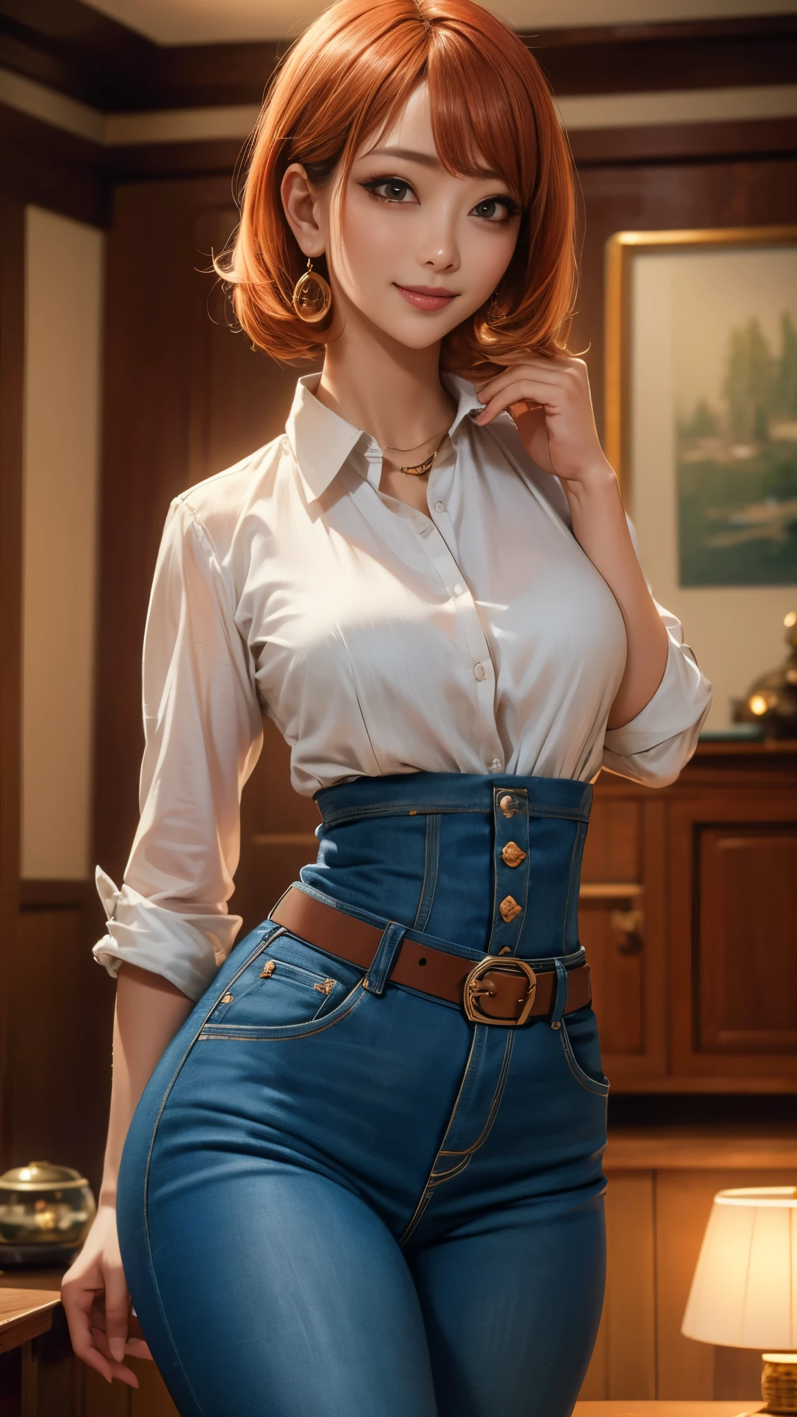 (best quality,4k,8k,highres,masterpiece:1.2),ultra-detailed, 1woman, Japanese woman, gyaru, AIKA, five foot five inches tall, ginger colored hair, mole by her left eye, blue button up blouse, maroon jeans, large swollen breasts, wide hips, dancing around mid-western suburban american house, seductive pose, smiling lustfully, looking at viewer lovingly, ((intricate detail)),(((realism))), HDR, 8k, absurdres, cinestill 800, sharp focus, add_detail:2, (solo, woman)