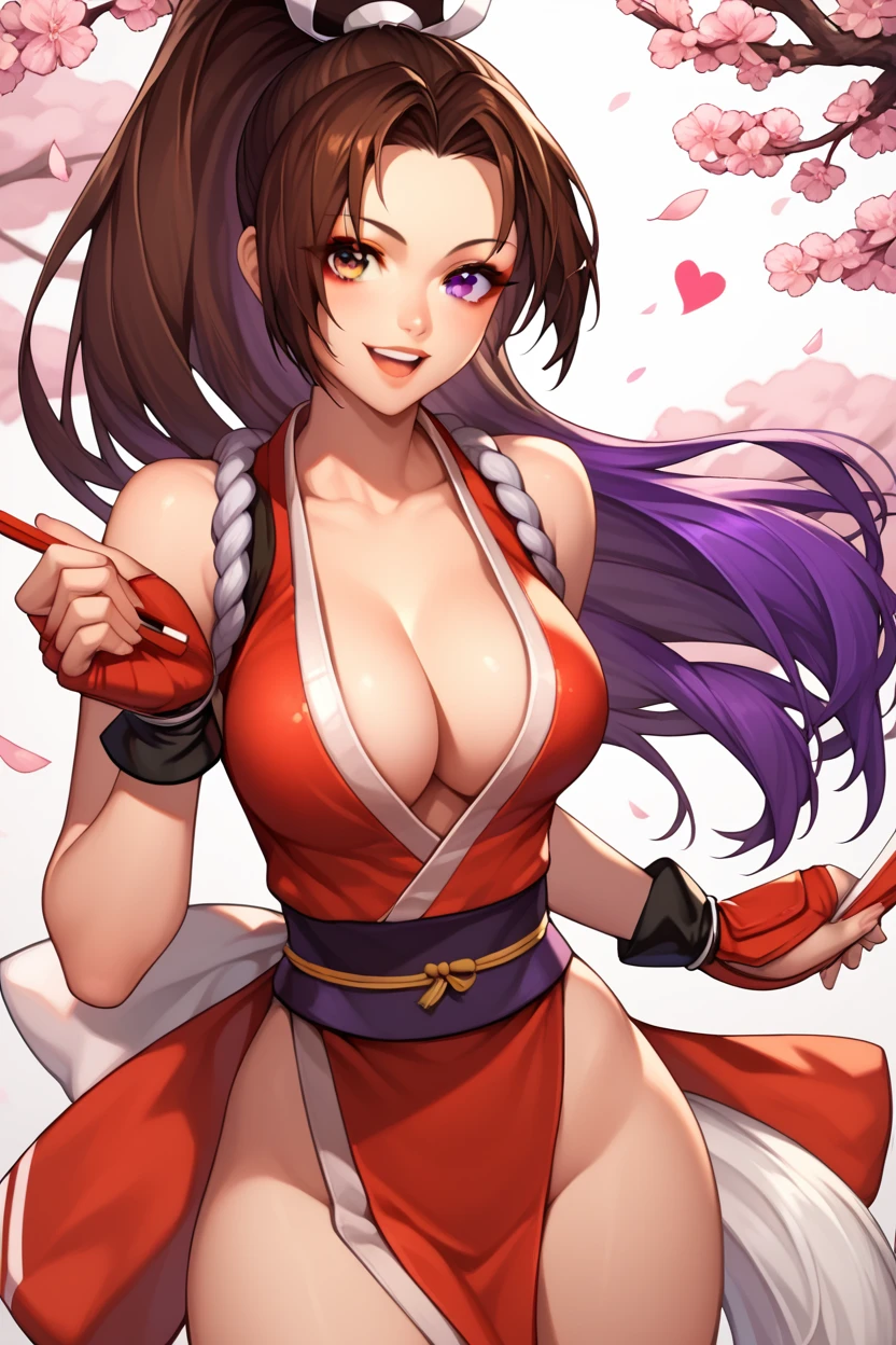 , score_8_up, score_7_up,score_6_up, score_5_up, score_4_up , 1girl, solo, ((Split hair)), ((brown hair)), ((purple hair)). heterochromia, brown eyes and purple eyes, PonyShiranui, japanese clothes, revealing clothes, cleavage, high ponytail, AthenaAsa2003, purple hair, hairband, long hair, white gloves, midriff, cleavage cutout, heart cutout, frilled skirt, ysakazaki,, dougi, spandex, headband, fingerless gloves, , brown hair, brown eyes, single braid, happy, cowboy shot, Forrest background