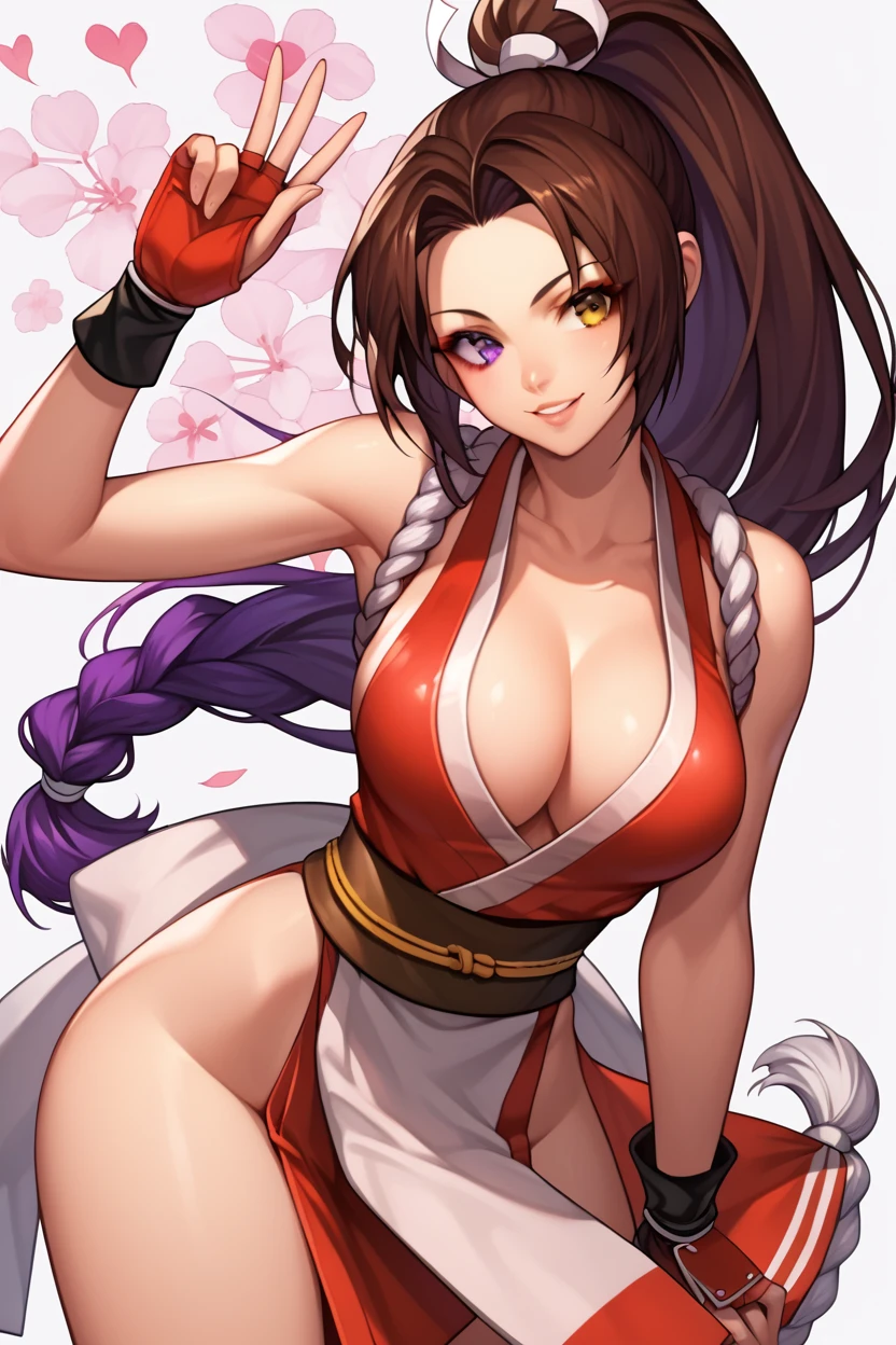 , score_8_up, score_7_up,score_6_up, score_5_up, score_4_up , 1girl, solo, ((Split hair)), ((brown hair)), ((purple hair)). heterochromia, brown eyes and purple eyes, PonyShiranui, japanese clothes, revealing clothes, cleavage, high ponytail, AthenaAsa2003, purple hair, hairband, long hair, white gloves, midriff, cleavage cutout, heart cutout, frilled skirt, ysakazaki,, dougi, spandex, headband, fingerless gloves, , brown hair, brown eyes, single braid, happy, cowboy shot, Forrest background