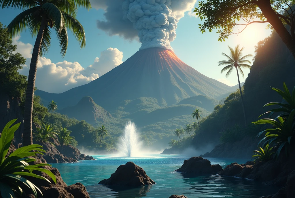 Landscape, with mountains, tropical trees, and a volcano with rocks flying around, and a blue tree spraying water on the trees in the forest, 4k high res, Masterpiece artwork, precise, high qualiy, backlighting, cinematic lighting, cinematrographic, 