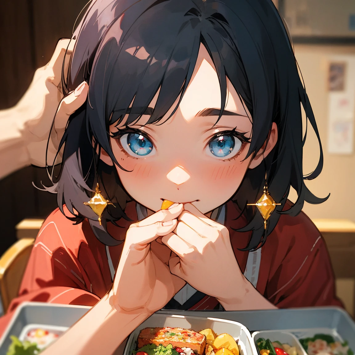 Illustrations for children's picture books,realistic, detailed illustration,A magical moment capturing  Aya with short brown hair taking her first bite of the special bento. chopstick, As she eats, a translucent, gentle image of her mother's smiling face appears around her like a warm, glowing aura. Aya's expression is transforming from sadness to joy, her eyes widening with wonder and her mouth curving into a smile. Sparkles of light emanate from the bento, surrounding Aya and intermingling with the illusion of her mother. The background fades into a soft, dreamy blur, emphasizing the emotional impact of the moment, (focus on lunch box:1.2)., hand-painted style, digital art touch,(illustration:1.5), (Watercolor:1,2),(focus on bento:1.2)