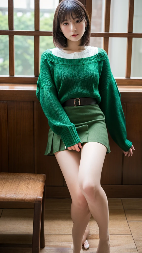 (masterpiece, Highest quality, High resolution), He cultivated four (oshi no ko), Sian Carcadigan, sweater, dark_green_shirt,mini skirt, Are standing, Open clothes, alone,