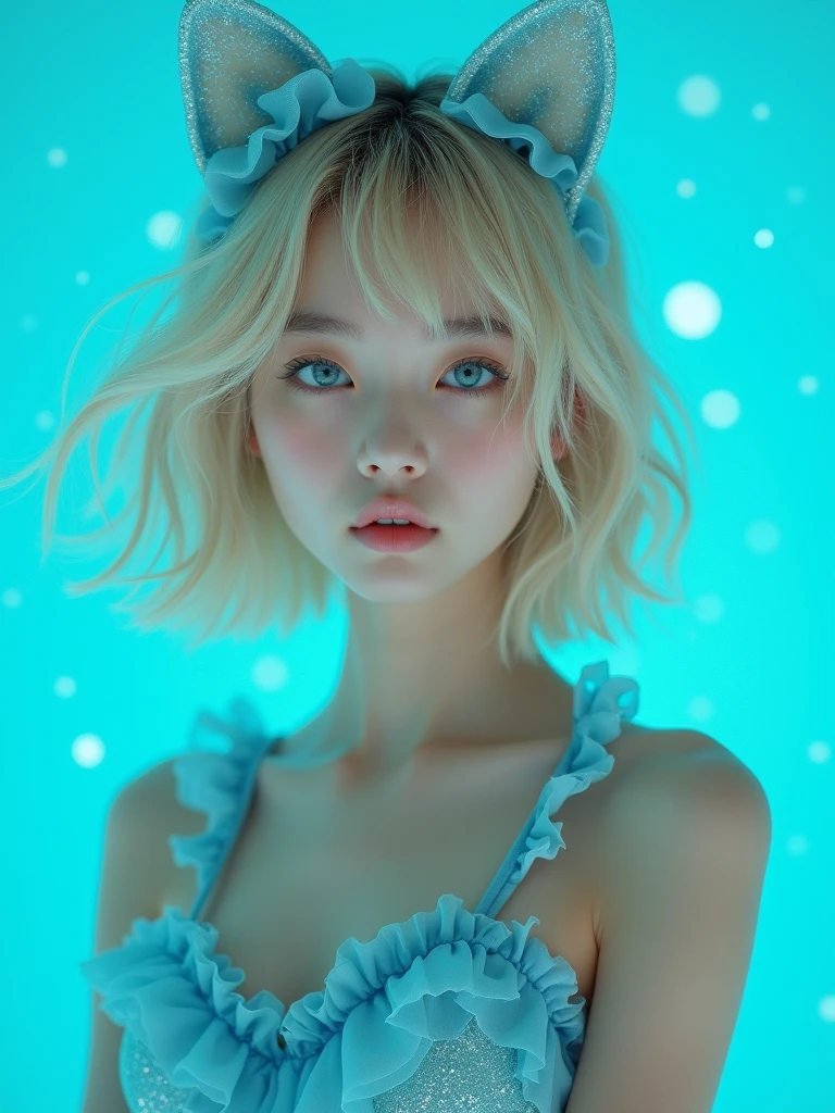 real photograph, (masterpiece), (highest quality), (Super detailed), (messy hair), (shape), (one japanese girl), (cyaan glitter chiffon frill bikini), cat ear, sitting down, Fashion Model, (simple cyaan blue cyaan background), fine and beautiful eyes, pretty faced, floating, (high color saturation), focus on face, blond blond bob cut hair, floating Hairs, (shining), best writing, best shadow,