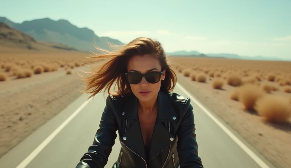 (masterpiece, best quality:1.2), (detailed, hyper-detailed, 8K HD, ultra-realistic:1.3), a woman riding alone through vast wilderness, the camera tracking her from a drone's perspective as she speeds along a vast desert or coastal road on either a motorcycle or in a car. Her hair, slightly longer than shoulder-length, flows beautifully in the wind, adding dynamic movement to the scene. She is dressed in a sleek, black leather jacket paired with black skinny jeans, exuding a blend of femininity and strength. She wears simple sunglasses and a leather bracelet, enhancing her cool, effortless style. The vast landscape around her is stunningly captured, with sharp details in the environment and the woman herself.
