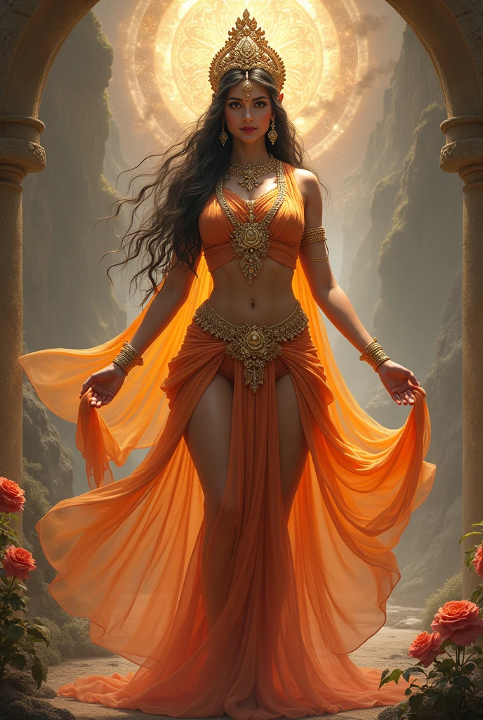 Describe the appearance and physical attributes of the female deities as depicted in the Vedic texts. Focus on specific details such as their attire, ornaments, and symbolic elements associated with their divine form.big breasts and sexy body ,ultra realistic image,How do these descriptions reflect their divine nature and roles within Vedic rituals and hymns