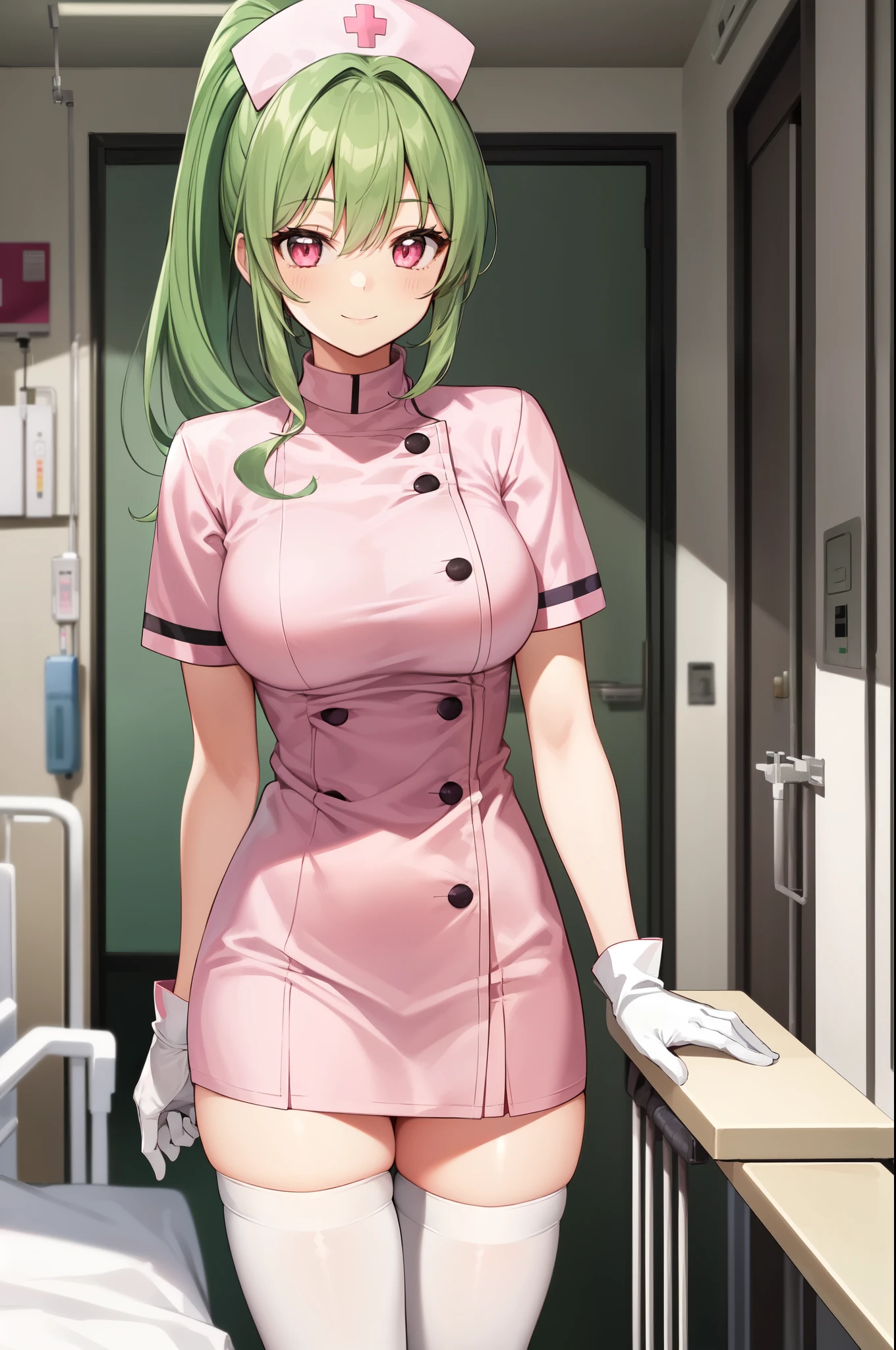 1girl, solo, nurse, nurse cap, white nurse uniform, ((white legwear, zettai ryouiki)), white gloves, ponytail, green hair, pink eyes, smile, standing, ((hospital room)), sharp outline, short sleeves, best quality, masterpiece
