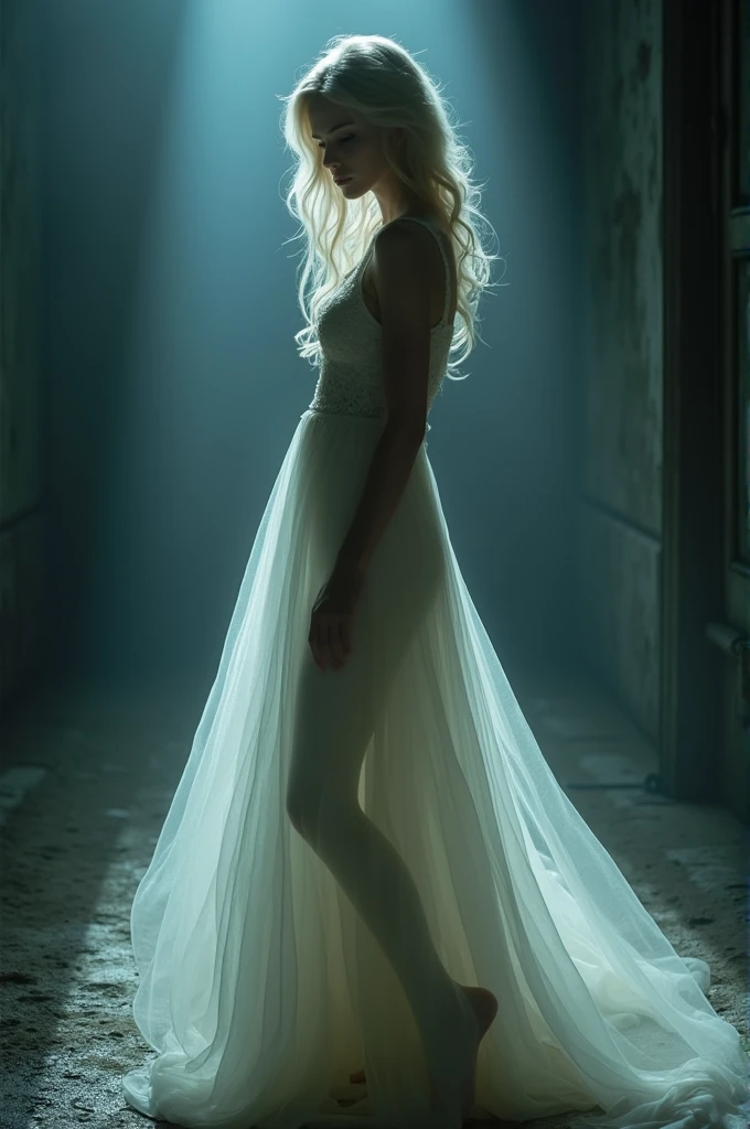 Blonde girl in a mysterious long flowing nightgown
