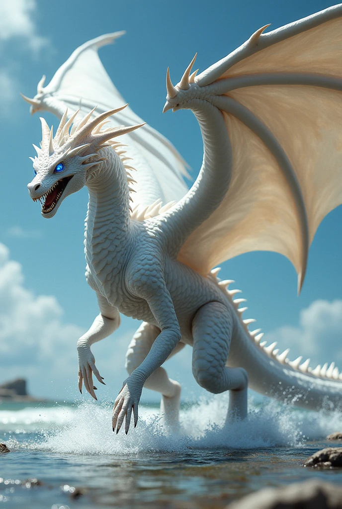 Side view of a beautiful 4 legged large female white dragon with large wings, and snake-like electric blue eyes walking in shallow water, fierce features, sharp teeth, long tail, spikes along head with water-like qualities, The white scales of the dragon shimmer against the water, The wings of the dragon are in full view.