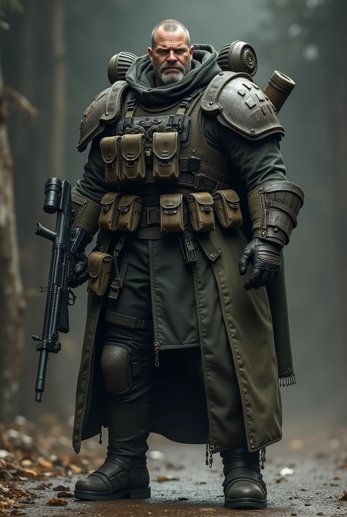 arms,beltポーチ,warrior,gloves,belt,Long coat,whole body,Knee-high boots,Long sleeve,Gauntlet,Arm armor,rifle