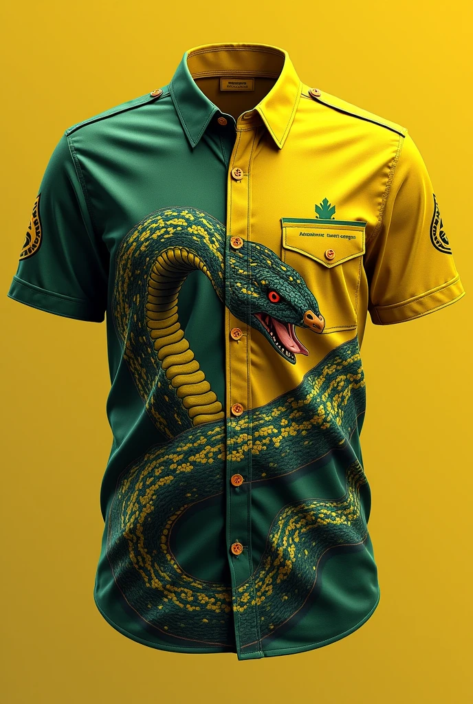 Yellow and green shirt, military strike, with the print of a snake with a duck&#39;s head