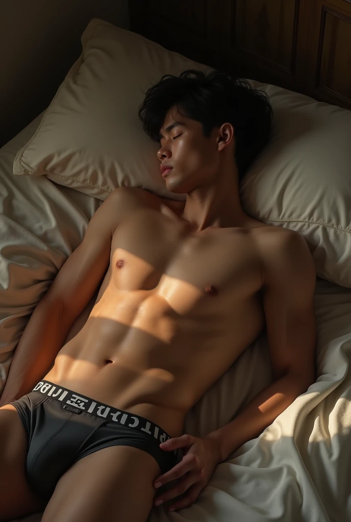 Norawit Titicharoenrak, Thai actor, 20-year-old, he is deeply sleeping, handsome , six packs, seeing his full body with sexy underwear, sleeping on the floor