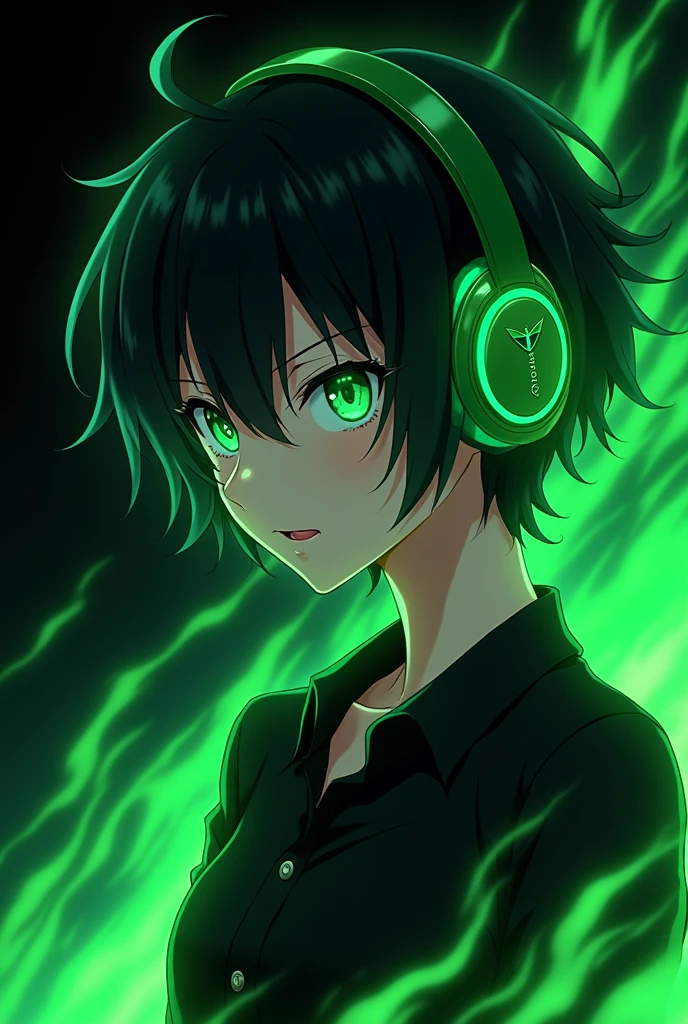 Anime Side Profile of a White Adult, angry, neon green eyes, black short wavy hair, a black shirt, a green headset. With a black background with neon green flames
