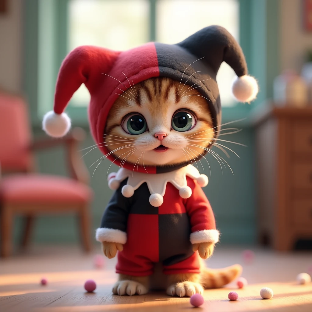 An adorable and playful scene featuring a kitten dressed in a cute version of Harley Quinn’s outfit. The kitten wears a tiny red and black jester costume, complete with a little jester hat with soft, playful pom-poms. The kitten has a mischievous yet charming expression, with bright, wide eyes and a cute smile. The background is fun and colorful, perhaps with playful elements like soft pastel colors or a cartoonish setting, making the scene light-hearted and entertaining for younger audiences. The overall vibe is one of fun and playful mischief, perfect for ????