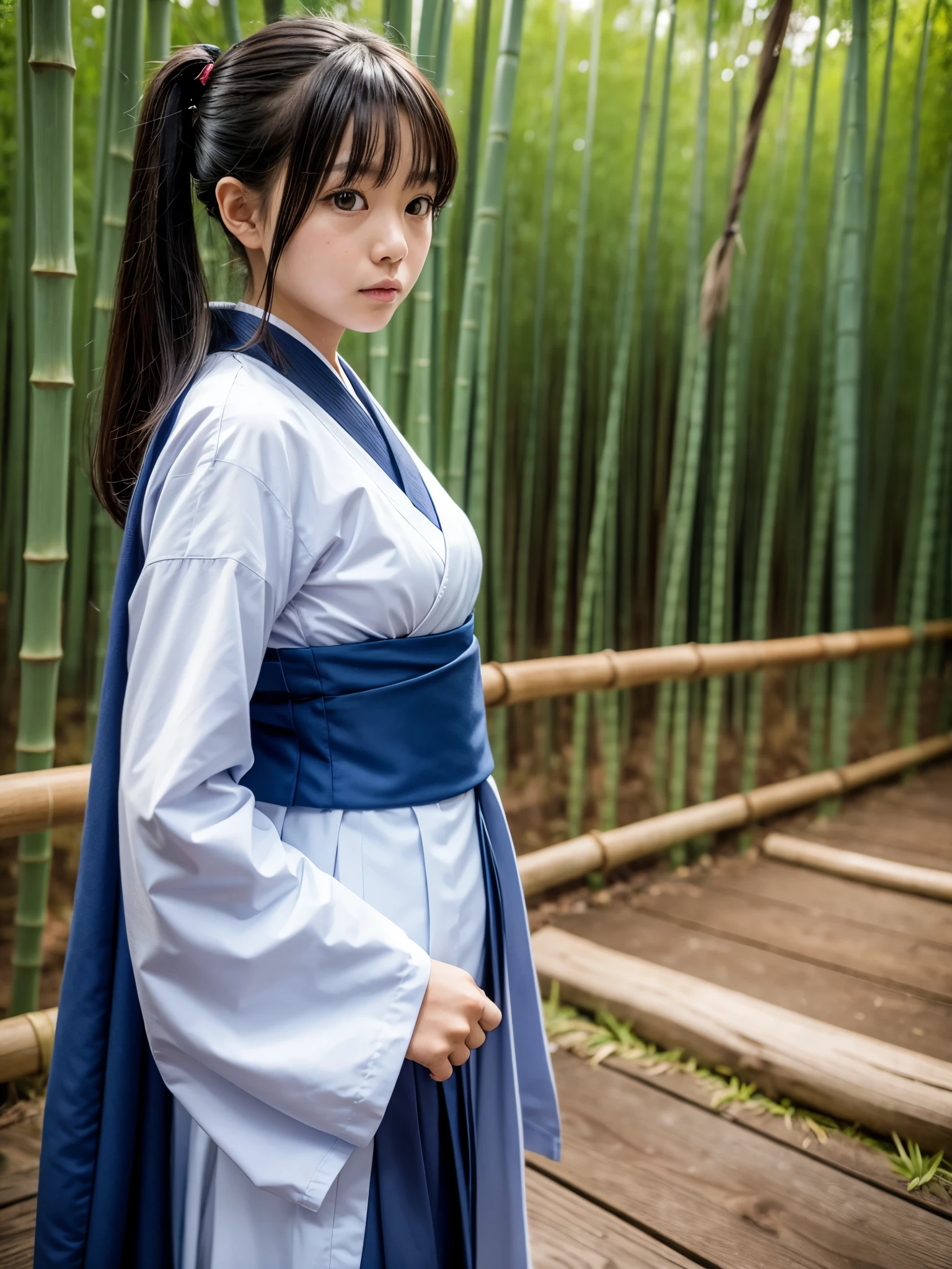 Japanese elementary school girl, sidelong glance, bamboo forest, cosplay of Shinsengumi's Okita Souji, bamboo forest