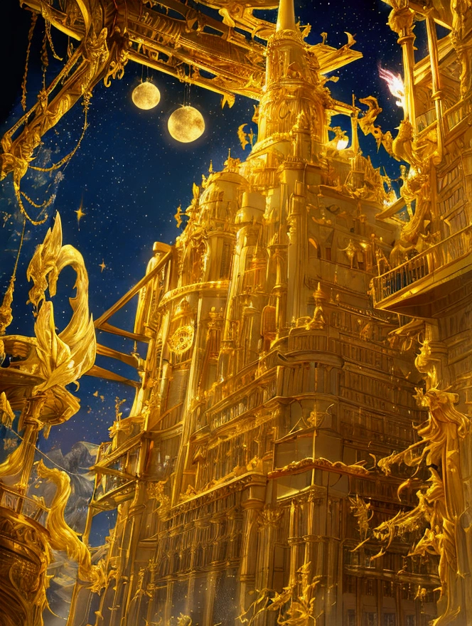((Lots of gold dust)), big full moon, phoenix, ((image of increasing financial luck)), sparkling and fantastical fantasy art, gold, vermilion, white, glittering colors, ((Lots of gold dust)), gorgeous, dreamlike scenery, iridescent clouds