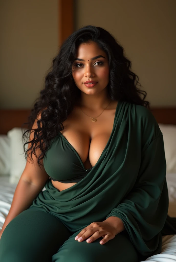 (photorealism:1.2), beautiful fat indian woman, warring plan dark green saree with black simple on bed, wearing loose off-shoulder top, pajama pants, long curly hair, indoors, soft lighting showing her boobs