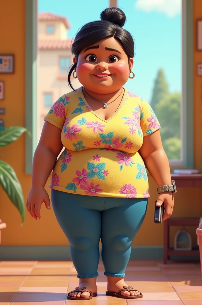 Mary, 30years, brunette skin, chubby, voluminous breasts, black hair tied behind the head, holding cell phone ,wearing a floral blouse and blue pants, pixar 3d illustration