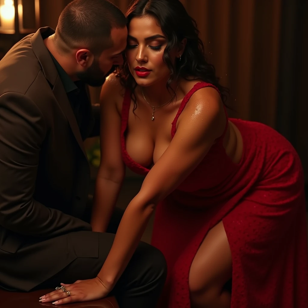 Hot busty beautiful voluptuous wet modern model Shama Sikander posing like a Dog ((bending forward on knees on table, showing wide cleavage to the camera, hands, knees and toes touch the floor, like a dog)) having sex with Man, Man fucking from behind, closed eyes, wet, dripping 4k, huge breasts
Close up hot 16K UHD photo, in sleeveless deep neck red lacy threaded revealing maxi, hot erotic night, sexual, having sex in ((Doggy style sex)), hot red lips
