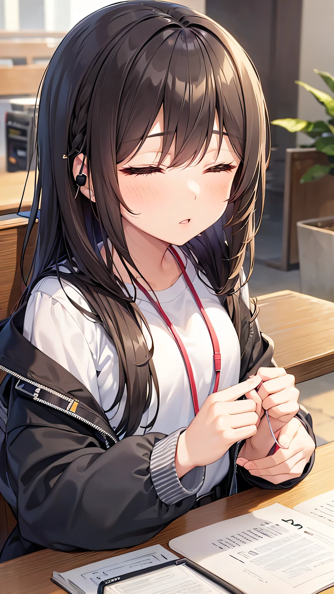Very cute girl、Earphones in ears、Eyes closed、Sleeping