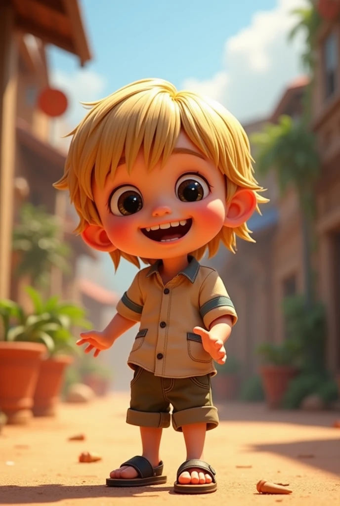 Image of a blond child, Straight blonde hair, low cut on the forehead, black eyes for a story in a YouTube video in Pixar format, He's the little alabester, He is extroverted, Playful and stands up for many things,he likes sandals and shorts and is messy