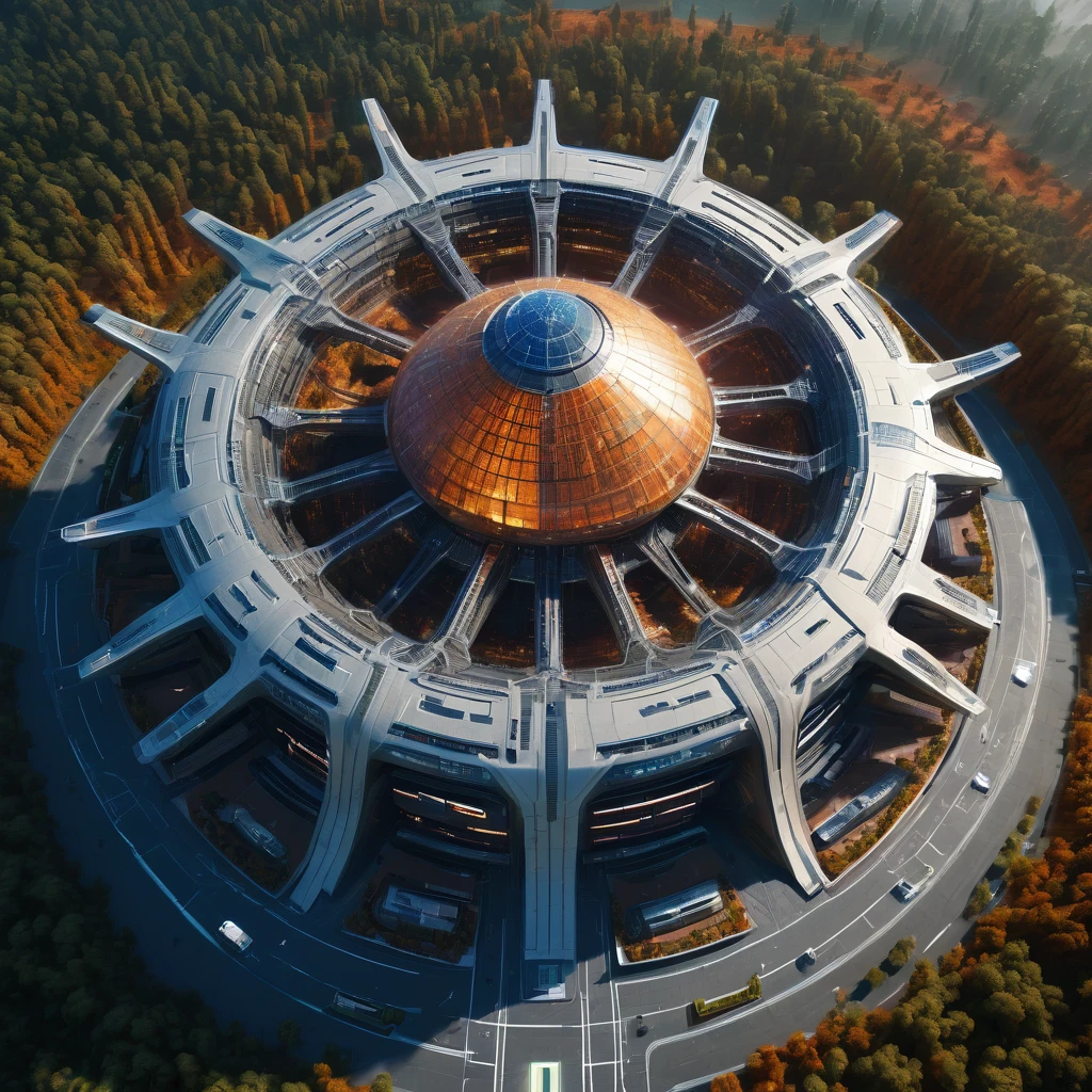 Very tall structure with a futuristic design, aerial view, ultra detailed,HD,8k,soft lighting, It serves as a shield generator for a planet.