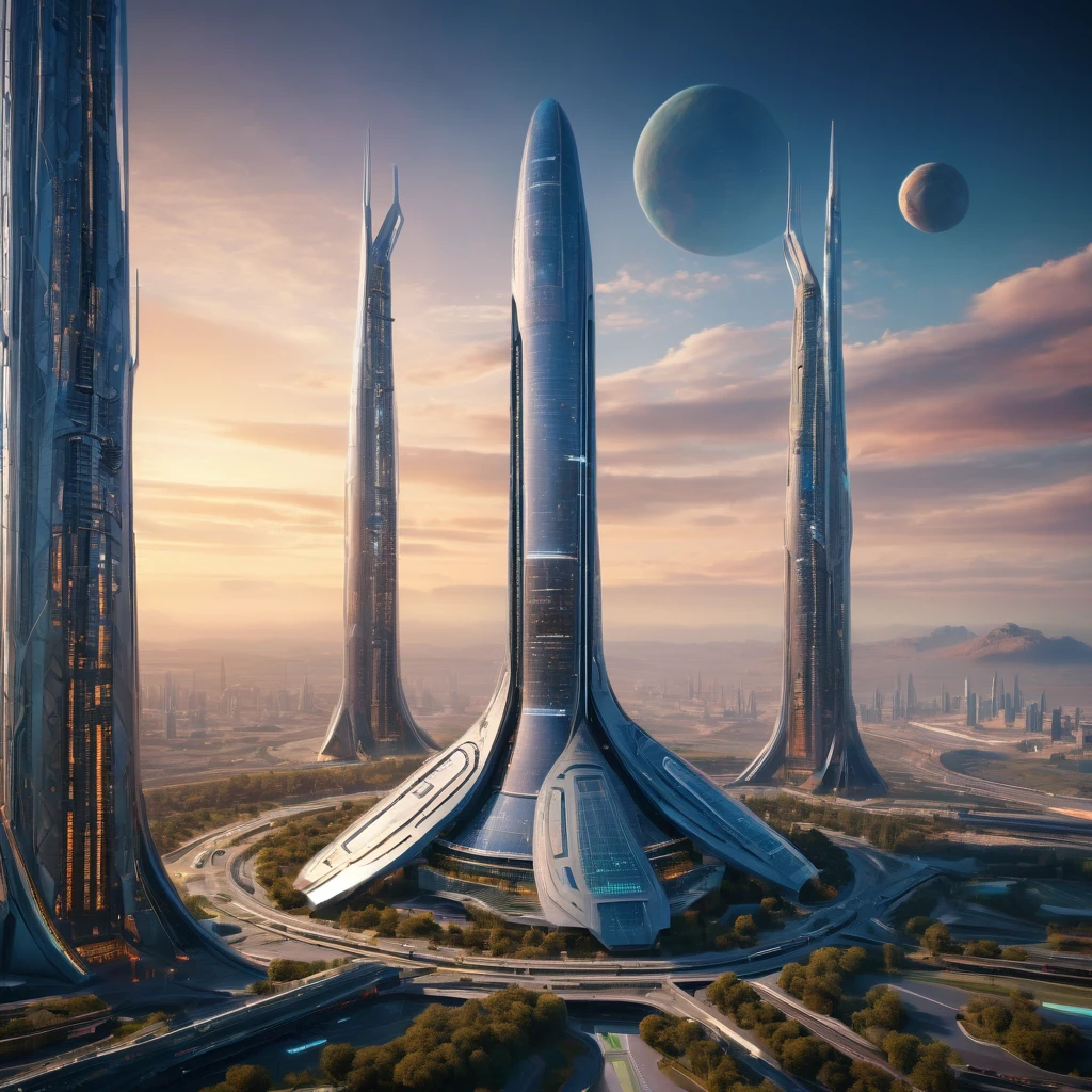 Very tall structure with a futuristic design, aerial view, ultra detailed,HD,8k,soft lighting, It serves as a shield generator for a planet.