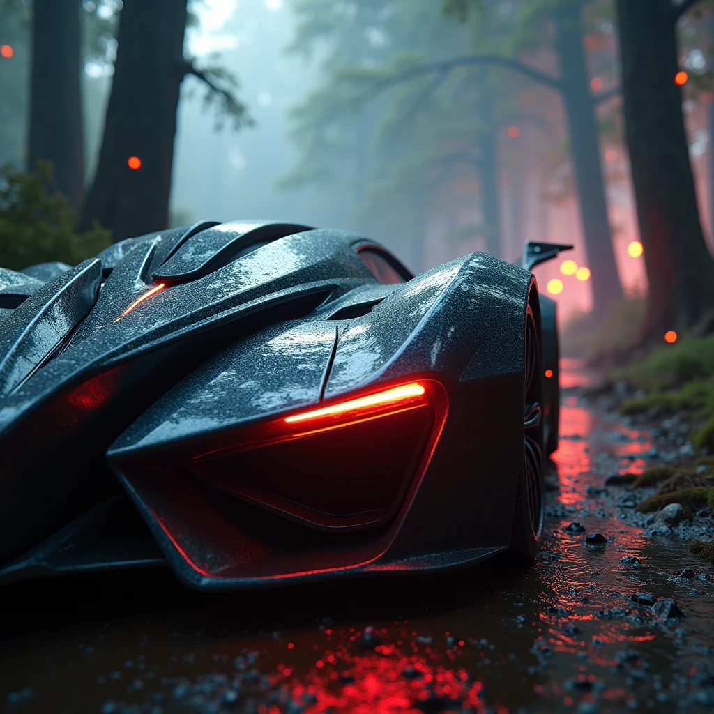 Intricate details, ( real photograph),A close-up of the front and side of a car
Cinema Lighting,Cyberpunk forest,mountain,
Soft colors,The car's exhaust was red in the headlights,Cityscape,space,car,No humans,scenery,side view, Expressway,