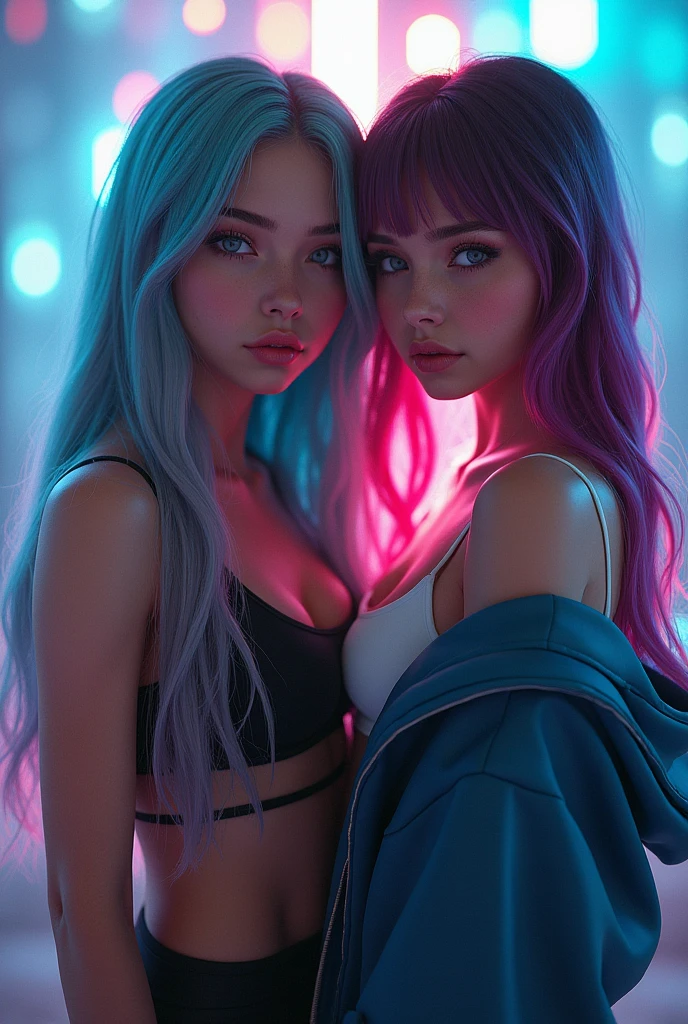 2 girls, Looking at the viewer, High resolution, best quality, very long hair, multi-colored hair, Backlight, in engen latex t-shirt, latex Sweatjacke,smile, Unreal Engine,