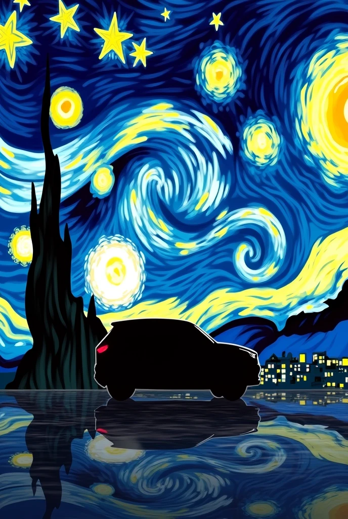 “Van Gogh’s ‘Starry Night’ with a tiny, black Hyundai Creta silhouette blending into the vast, immersive night sky, reflecting the moon and stars, with a cityscape in the background.”