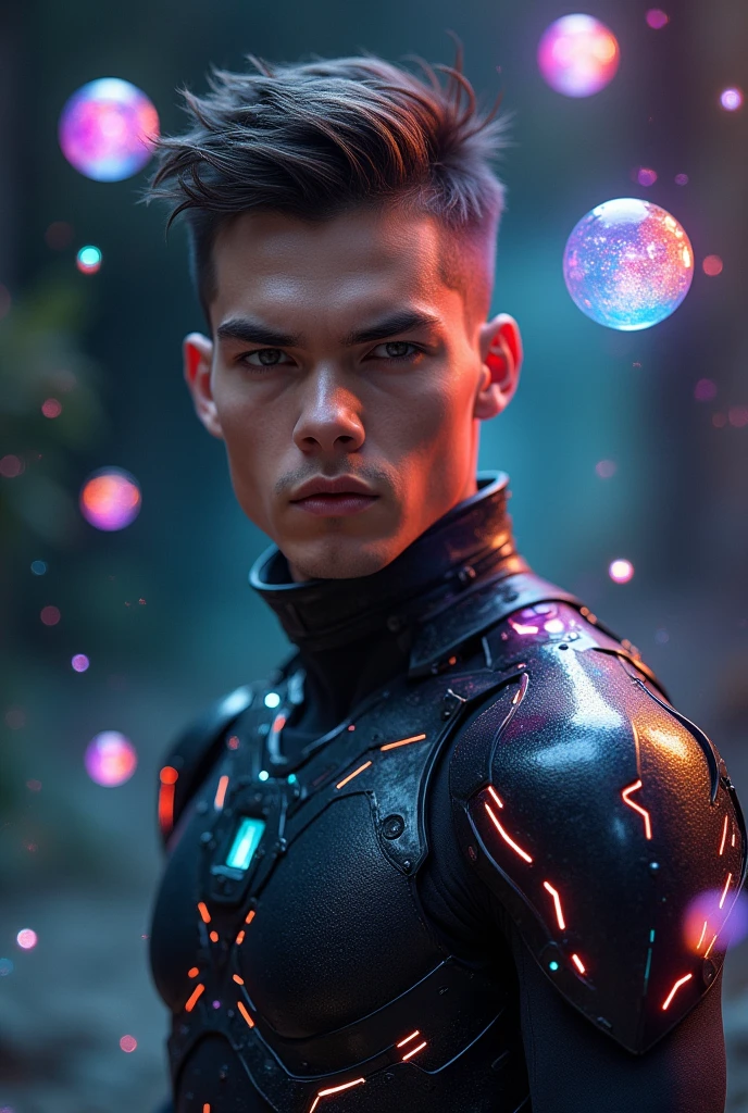 Young man with short spiky hair slicked back, black futuristic cyber armor with colorful details like a cosmic rainbow, three orbs with rainbow color palette are floating around his head, epic pose, conceptual artwork, macro photography, cinematic lighting, highy detailed, beautiful movie scene, work of art, wall-paper, anatomically correcte, precise