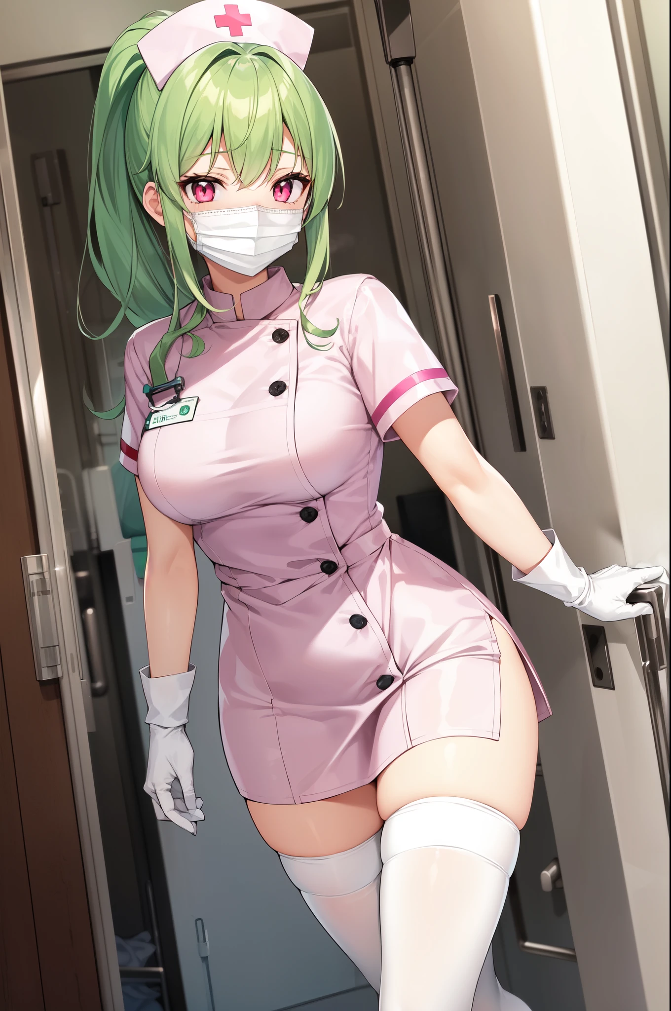 1girl, solo, nurse, nurse cap, white nurse uniform, ((white legwear, zettai ryouiki)), white gloves, ponytail, green hair, pink eyes, ((white surgical mask, covered nose)), standing, ((hospital room)), sharp outline, short sleeves, best quality, masterpiece