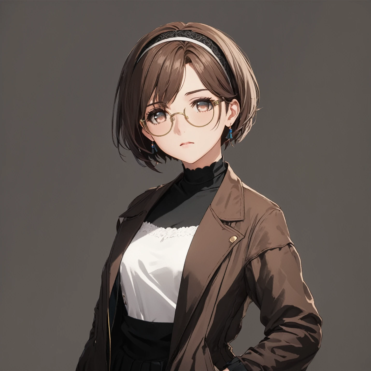 masterpiece, best quality, good quality, Highly detailed, shadowverse style, female, teen, eye glasses, brown hair, short hair, shy expression, brown eyes