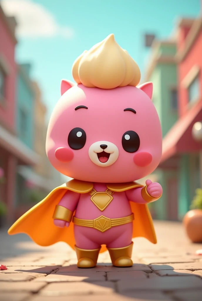 mascot characters pink character who loves pancakes very much cream on his head and a little realistic character he has a cape made of pancakes and he is a cute superhero
