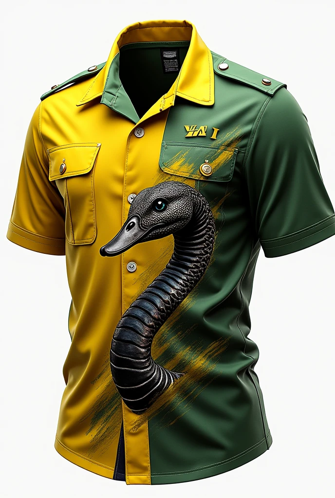 Yellow and green shirt, military strike, with the print of a snake with a duck's head
