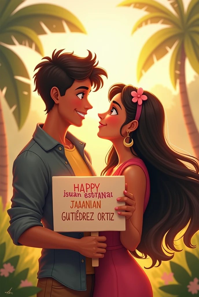 A young man with light brown skin and dark reddish brown eyes , a little muscular and short hair happy called Juan Esteban Gutiérrez Ortiz because in front of him is his friend Danna with dark skin, dark brown eyes and very long hair down to her tail (women) young man holding a sign that says "Happy birthday Juan Esteban Gutierrez Ortiz ♡" that they look at each other's faces with joy and in the background there is a landscape that represents that joy and that they have a nice matching outfit , but they look younger and the boy is like flirtatious and with hair a little shorter And the young girl looks a little younger with a submissive face, Well, they are looking slightly at the camera here in front. , This image is perfect, I need a sign that says Happy Birthday Juan Esteban ♡