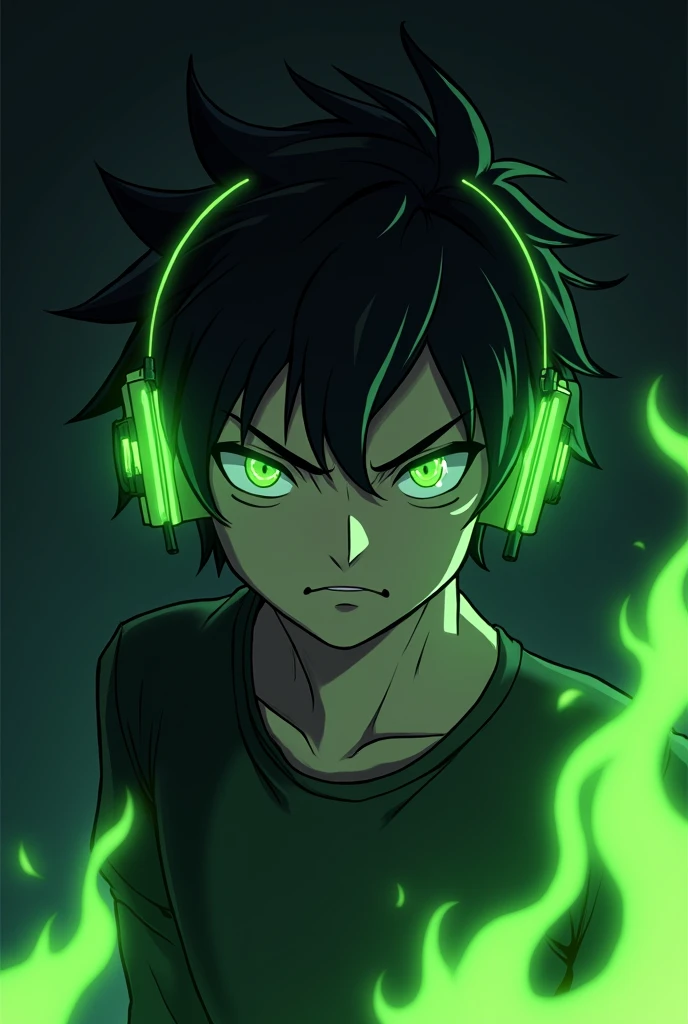 Anime side profile of a white adult male, angry, neon green eyes, black short wavy hair, a black shirt, a green headset. With a black background with neon green flames
