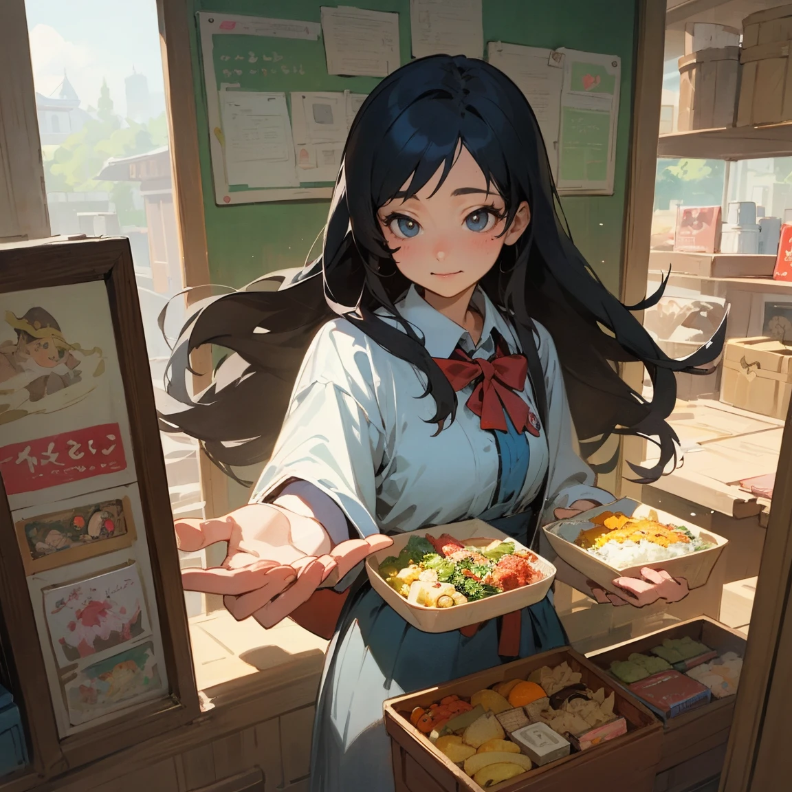 Illustrations for children's picture books,realistic, detailed illustration,"A heartwarming scene in front of a quaint, magical bento shop. A plump, kind-looking witch in her 40s is bending down slightly, offering a beautifully wrapped bento box to a with long black hair (Aya). The witch's face shows a gentle, encouraging smile. Aya is reaching out to take the bento, her expression a mix of confusion and curiosity. Magical sparkles surround the bento, and the shop's whimsical signboard is visible in the background, (focus on lunch box:1.2)., hand-painted style, digital art touch,(illustration:1.5), (Watercolor:1,2),(focus on bento:1.2)
