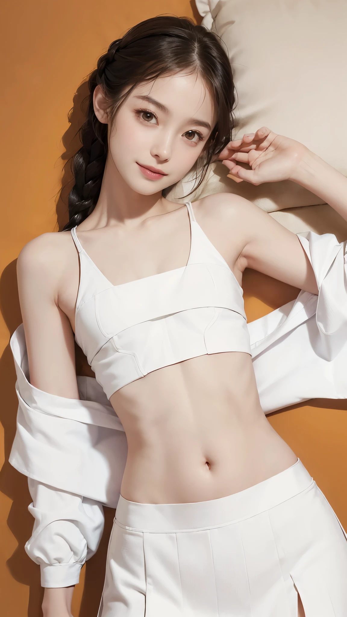 The perfect outfit、(((flat chest))), (flat chest:1.1),White skin,Braid,skinny,(((flat chest))), (flat chest:1.1),Thin arms,Narrow shoulders,smile,Perfect Face,View your viewers,Flat Chest,belly button,slim