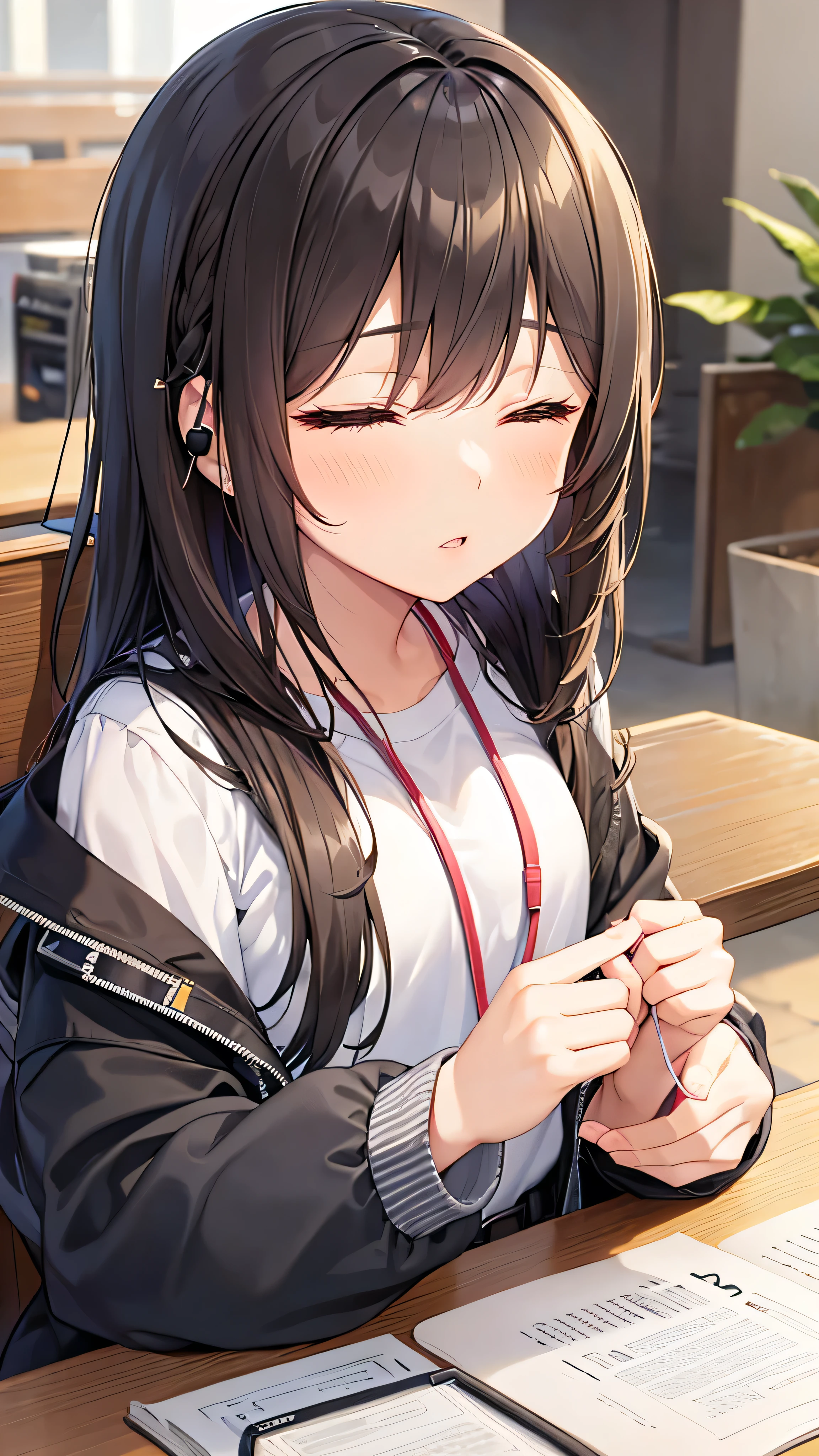 Very cute  girl、Earphones in ears、Eyes closed、Sleeping