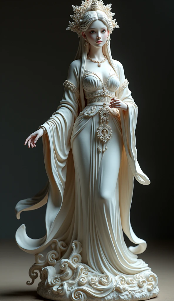 realistic detailed ceramic statue of a beautiful anime goddess, highly intricate carved details, exquisite craftsmanship, ornate ceramic figure, elegant flowing robes, divine and serene expression, delicate facial features, porcelain-like skin, ornate headpiece, detailed jewelry, dramatic lighting, dramatic shadows, moody atmospheric lighting, cinematic composition, photorealistic, 8k, masterpiece, hyper detailed