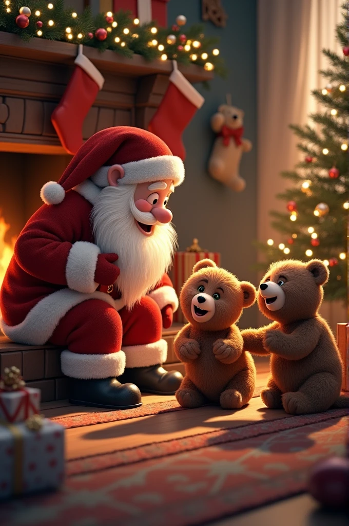 A Santa Claus coming down the chimney and finding two bears playing with a child