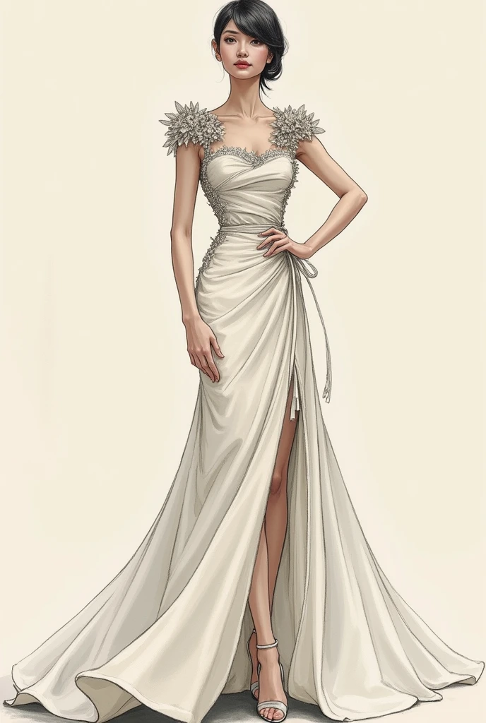 make an fashion design filipiniana gown that has shoulder drawing on mannequin sketch drawing
