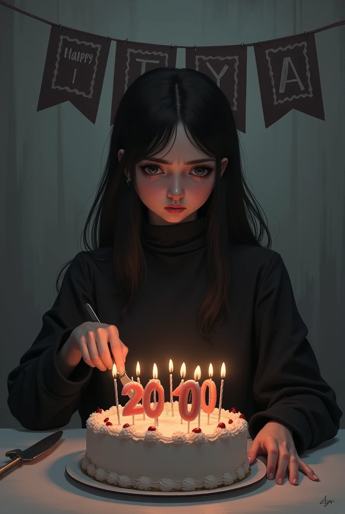 The beautiful women celebrate she's birthday alone and she's face full of sadness and cut she's birthday cake ( use knife) on the cake 20 letter number candle and his background happy Birthday To Me banner and she's waring a black dress with full sleeve and coverd nack and with long hair