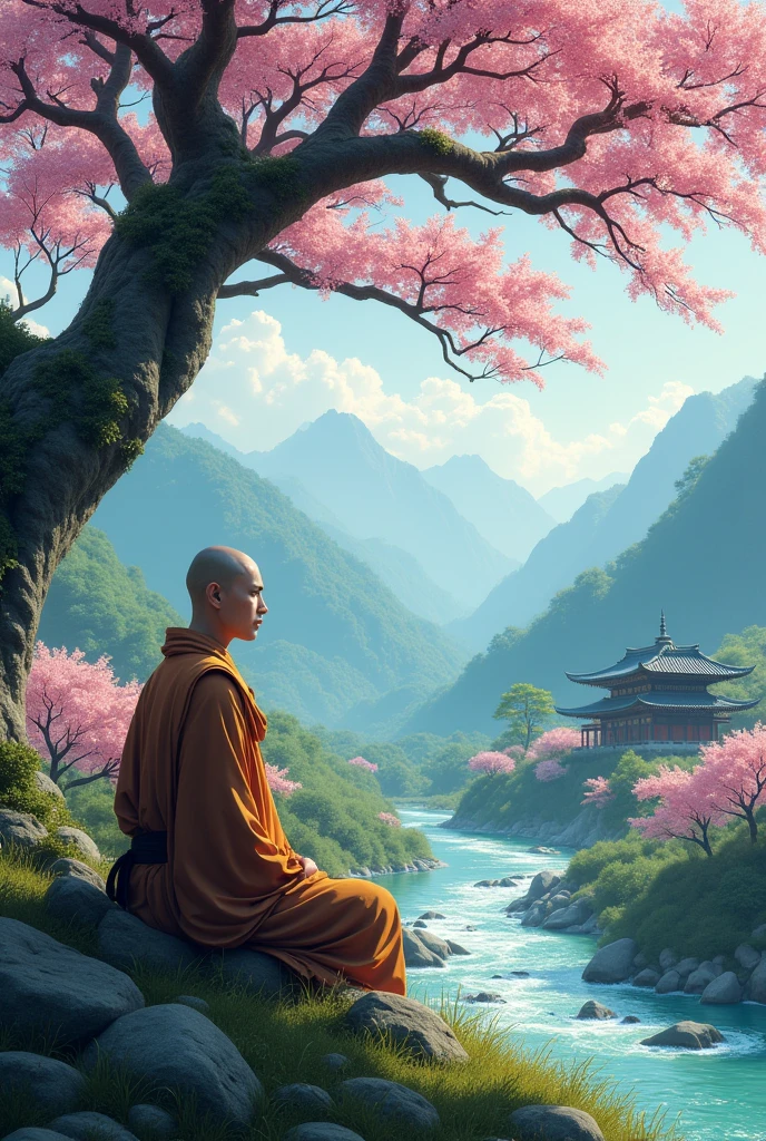 Monk sitting under a big tree and the river flowing and the place muntain valley and pink boloosam tree want to be there and certain monk passing over them and a nija house