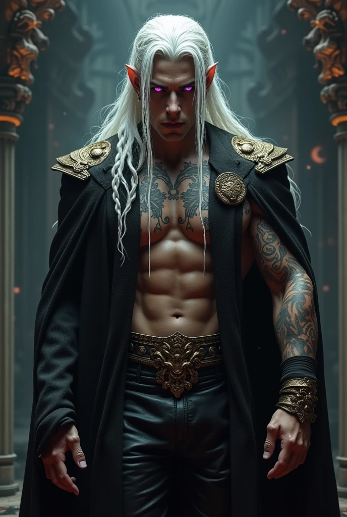 Create a handsome and intimidating prince of hell, that has long white hair with some braid strips, that has purple eyes, Leave her chest exposed with some tattoos and put on a semi-transparent black robe with gold embroidery, that he has leather pants with a belt, Put a bracelet on his arm too.
