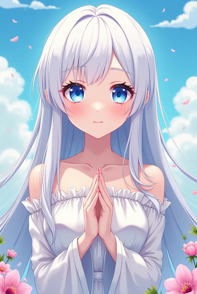 Japanese cartoon style，blue eyes，Maiden,Long white hair