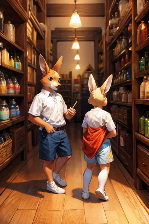 hyperactive kangaroos wearing thick diapers in an antiques store
