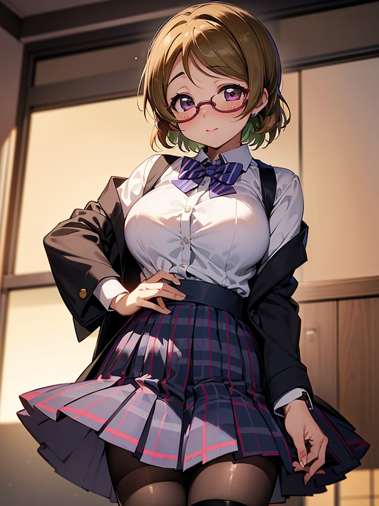 masterpiece, best quality, high quality, detailed, exquisite, beautiful, (((koizumi hanayo, love live!, love live! style,))) short hair, brown hair, purple eyes, tareme, droopy eyes, pale skin, shiny skin, ((large breasts, glamorous,)) cute face, otonokizaka_school_uniform,blue blazer,striped bowtie,plaid shirt,pleated shirt,blue skirt,zettai ryouiki, black pantyhose, red glasses, blush, ager,